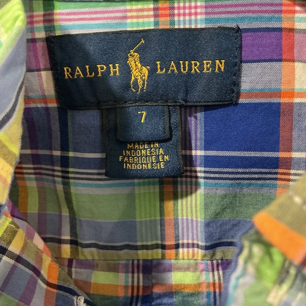 Ralph Lauren Kids Plaid Oxford Button Down Shirt Long Sleeve Size 7 Preppy